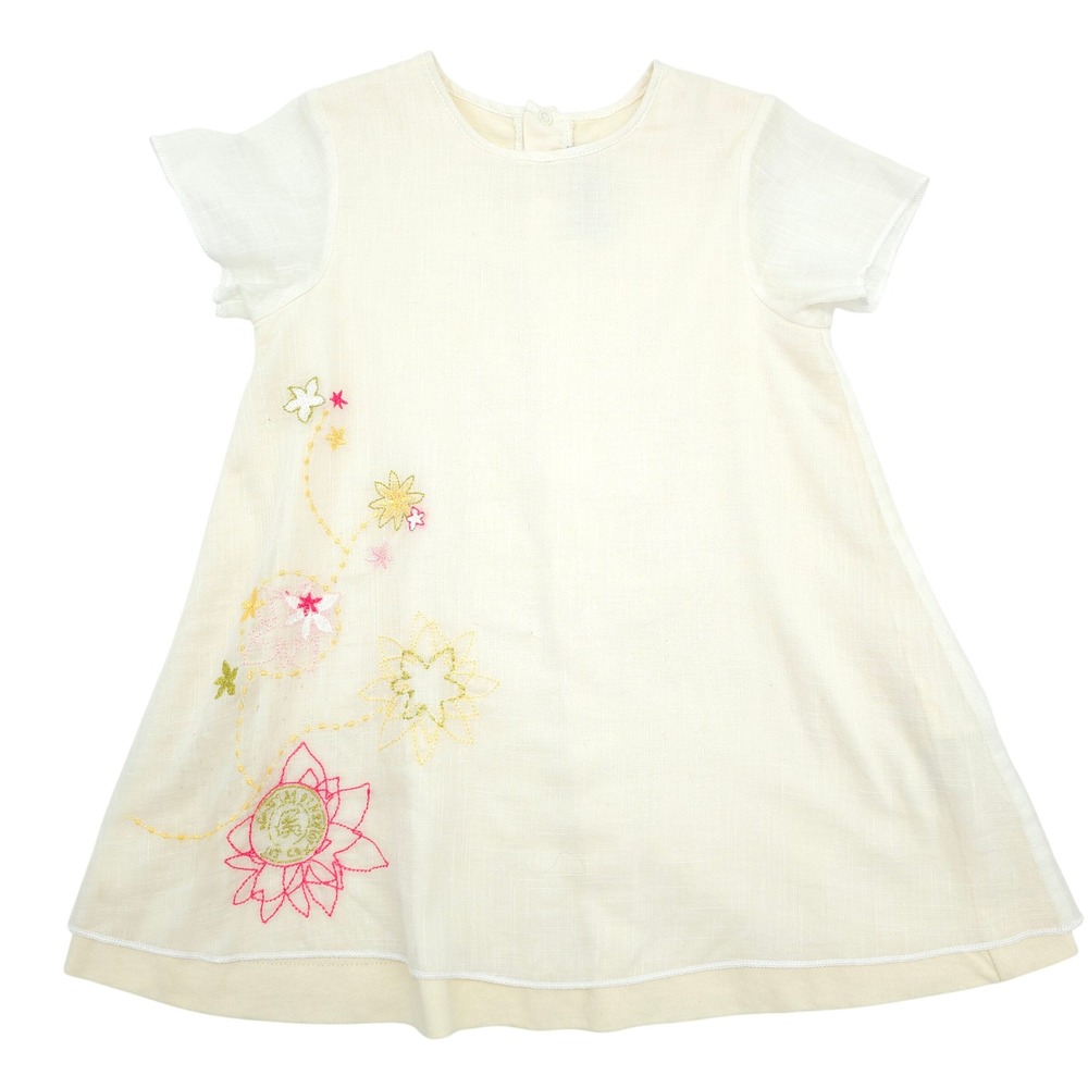 Kenzo Junior Girls Dress Floral Embroidered Cream Linen Blend Vintage 12M